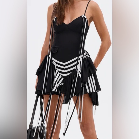 AKIRA Dresses & Skirts - NWT AKIRA Black and White Striped Women's mini tassel fringe Dress size M/L